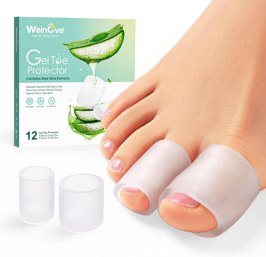 Welnove Toe Protectors front view of 12 pack packaging for foot pain relief.