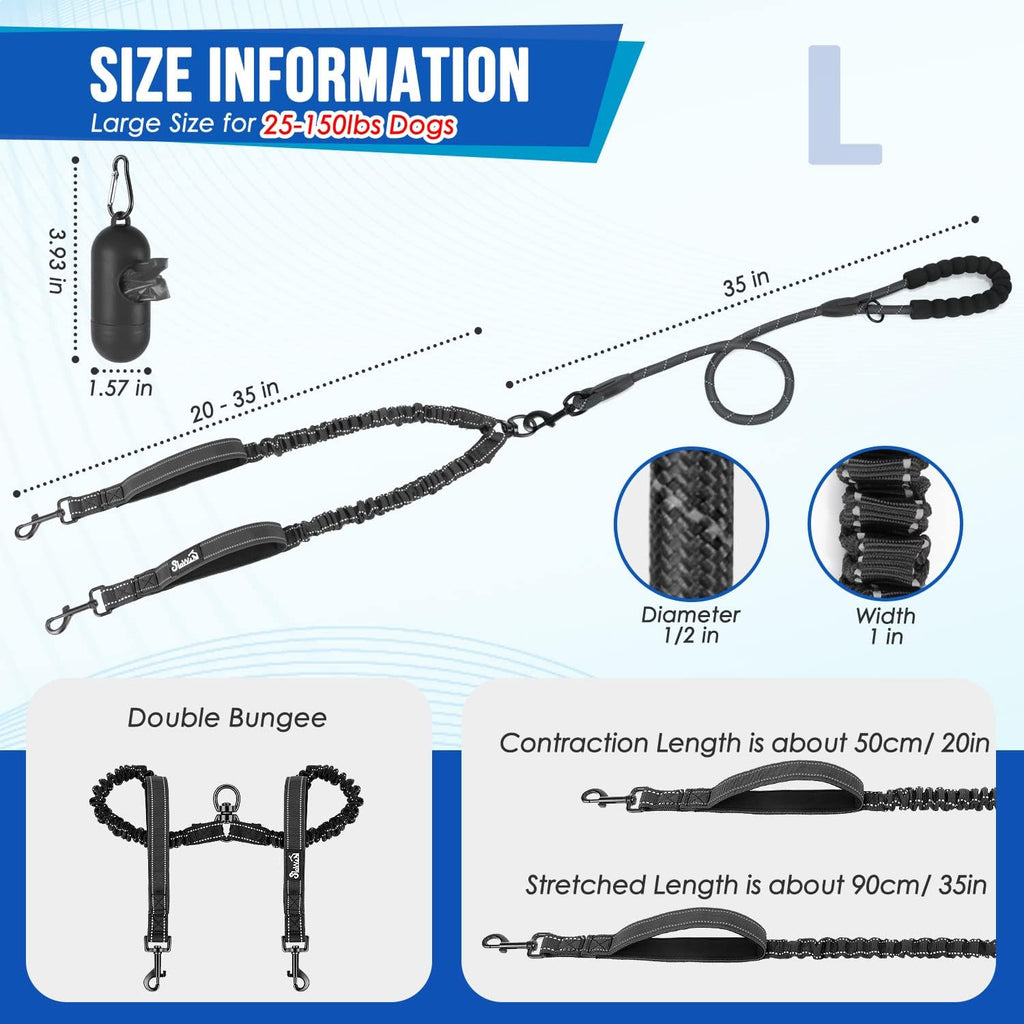 SlowTon twin dog walker lead highlighting the three hundred sixty degree tangle free swivel clasp.