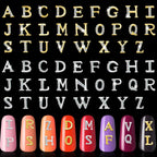 Maitys letter nail charms front view showing gold and silver 3D alphabet studs