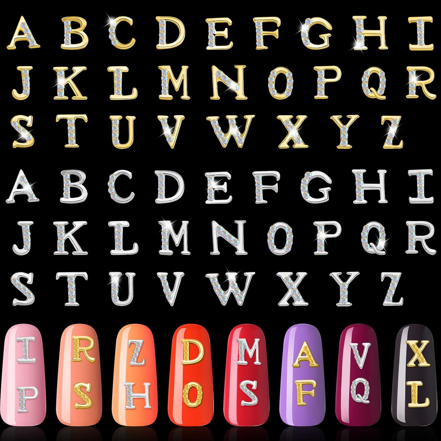 Maitys letter nail charms front view showcasing 104 pieces of gold and silver rhinestone alphabet studs.