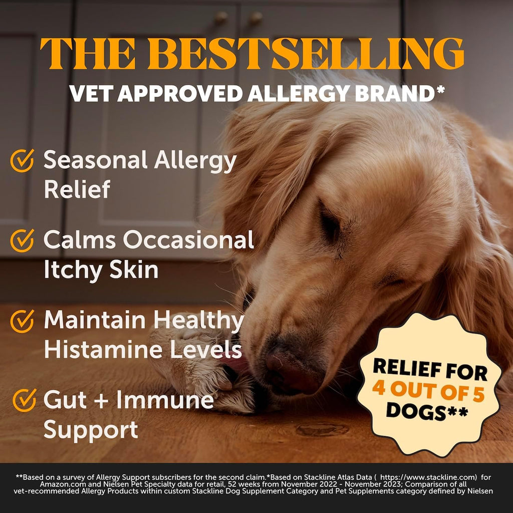 Pet Honesty Allergy Skin Health supplement container showing premium ingredients like Omega-3 and probiotics.