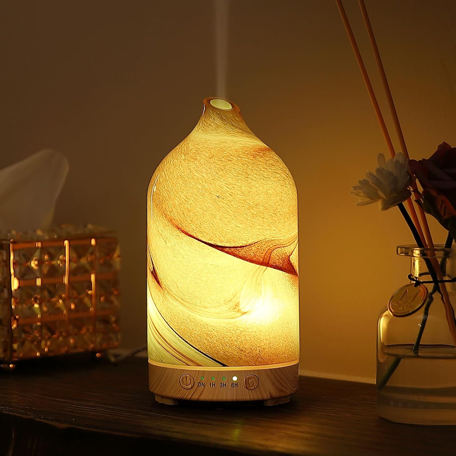 Inrorans Hand Blown Glass Essential Oil Diffuser front view featuring 3D firework lighting effect.