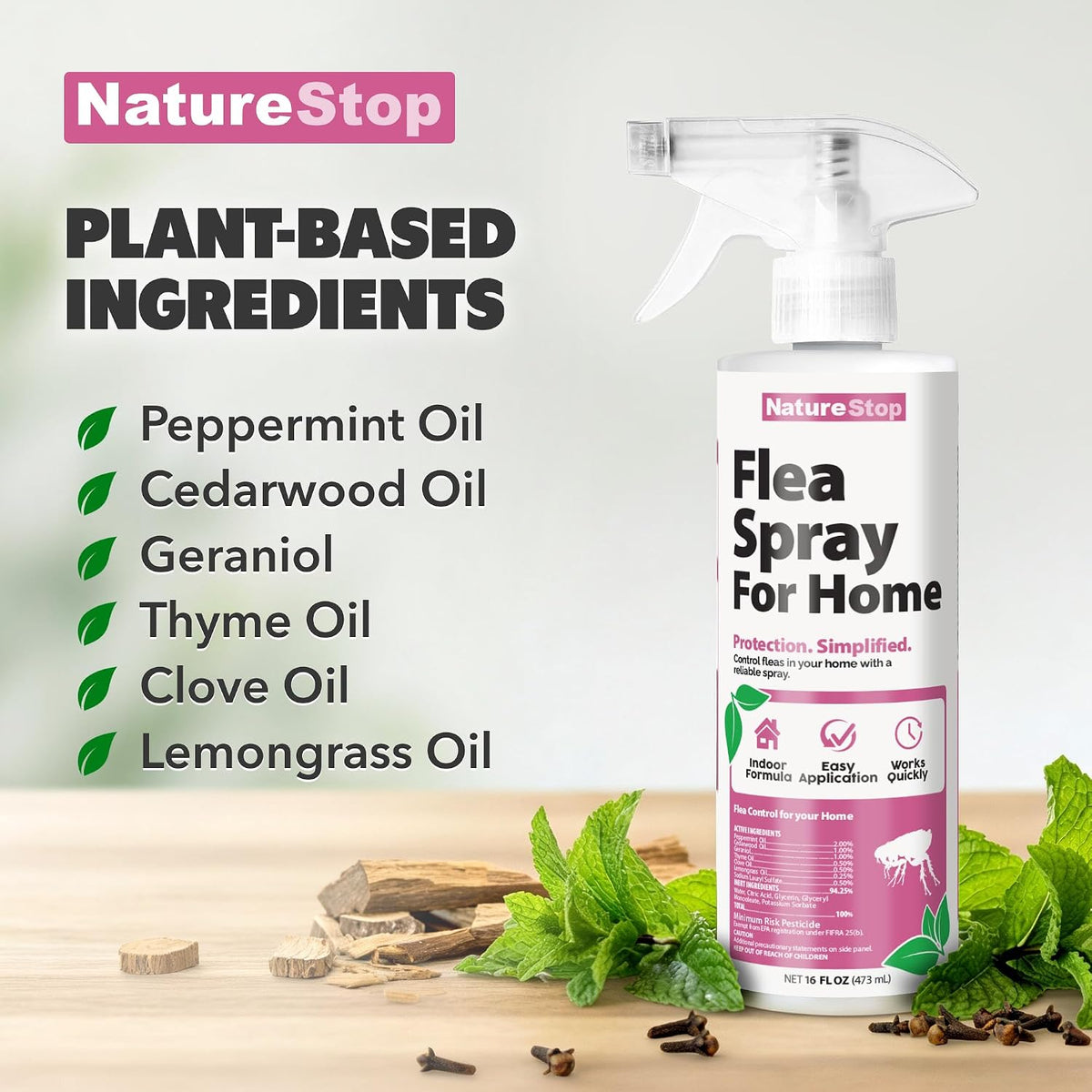 NatureStop flea spray for home back label instructions and ingredient details
