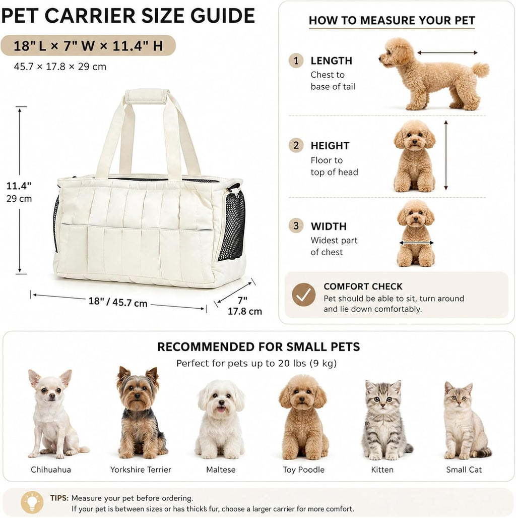 White soft pet tote bag showing pocket details
