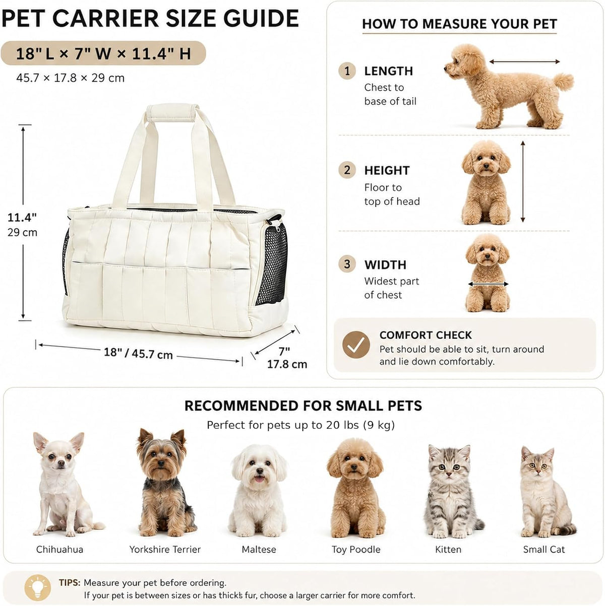 White soft pet tote bag showing pocket details