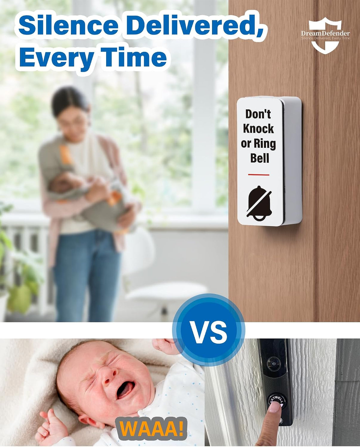 NapDefender doorbell cover showing interchangeable sign options