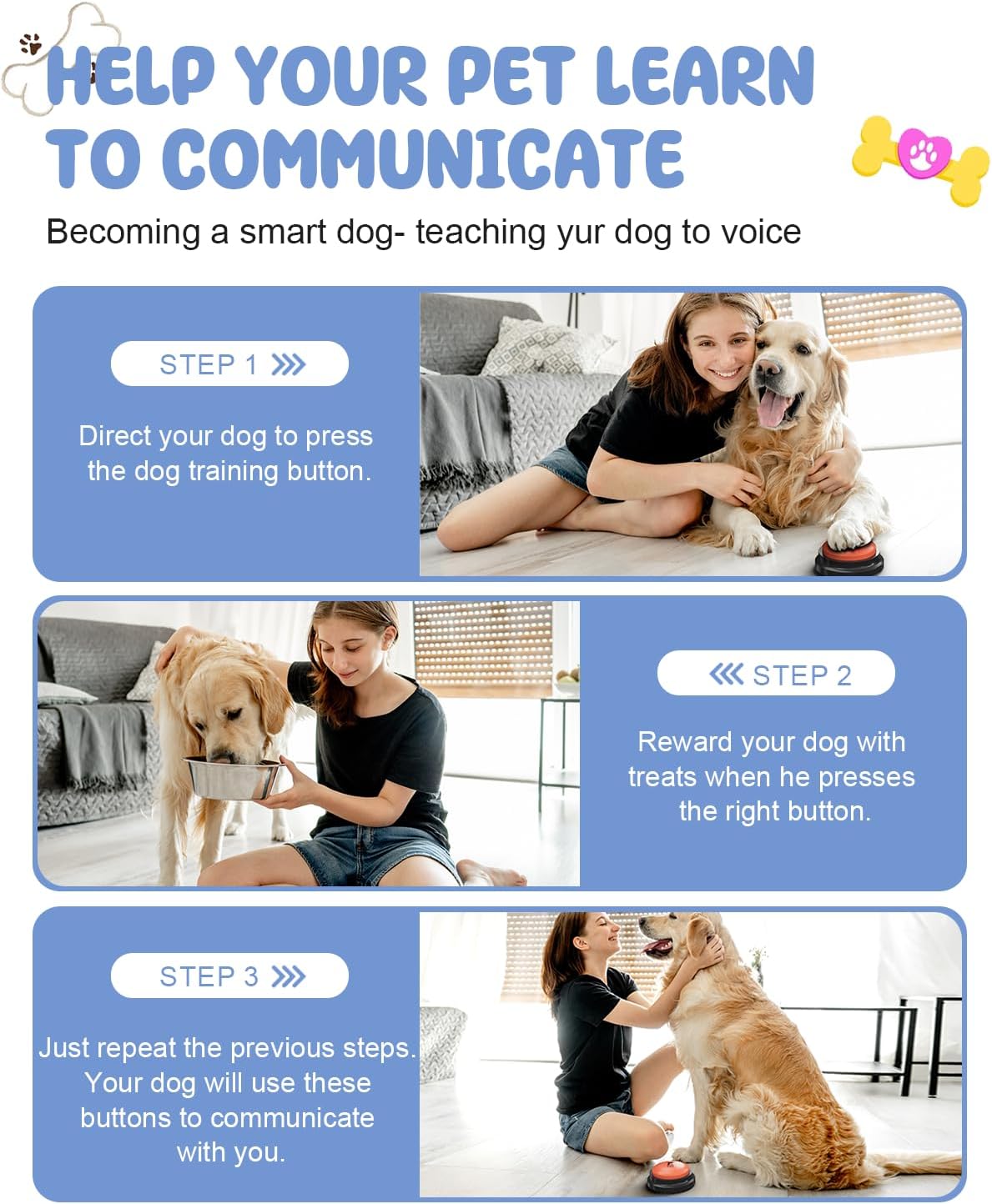 Waterproof non slip pet training mat featuring designated circular placements for six speech buzzers.