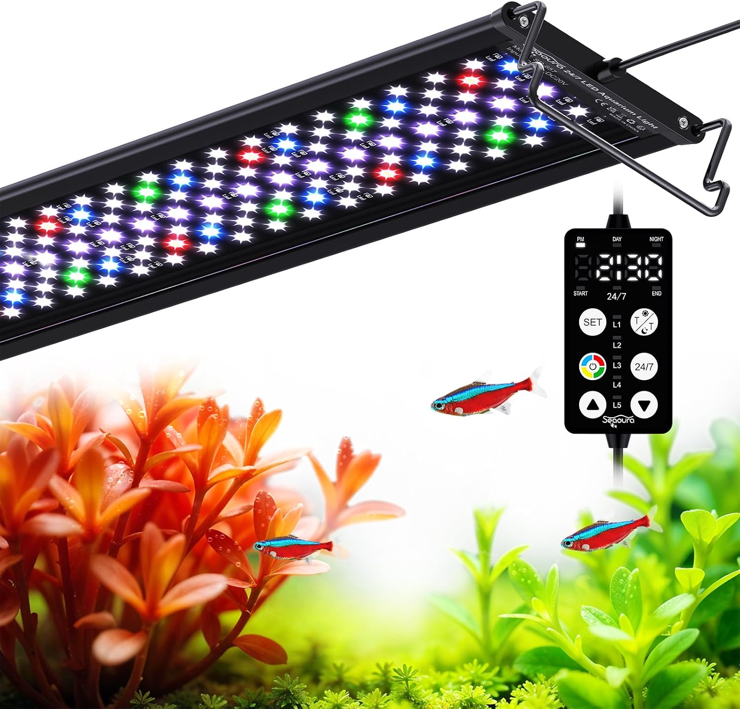 SEAOURA LED Aquarium Light, 24/7 Custom Timer, Power-Off Memory,7-Row LED 18-24in Full Spectrum Fish Tank Light, 8 Colors, 20 Brightness, Day&Night Cycle, Adjustable Mount for Freshwater Plant Growth - Image 11