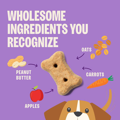 Mini crunchy bone shaped dog biscuits with peanut butter apples and carrots ingredients.