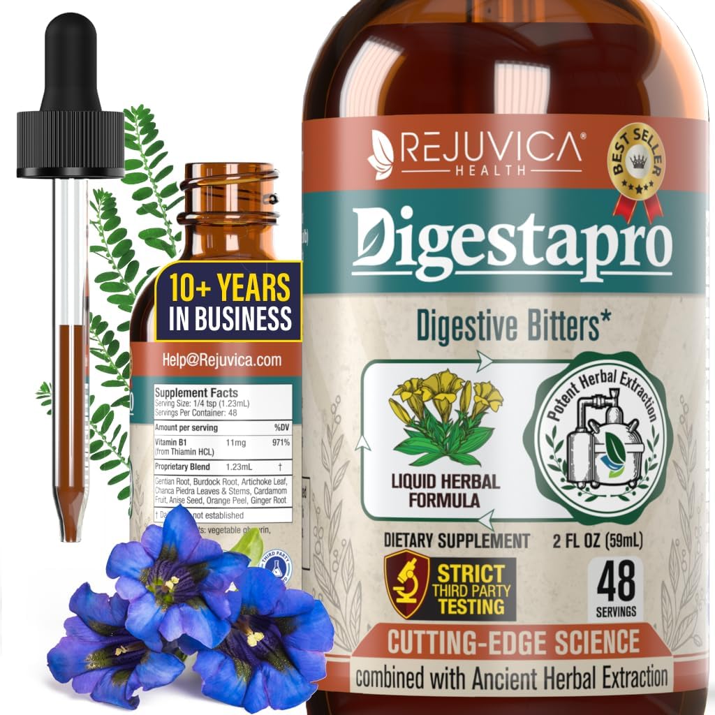 Rejuvica Health DigestaPro Advanced Digestive Bitters front view bottle for bloating relief.
