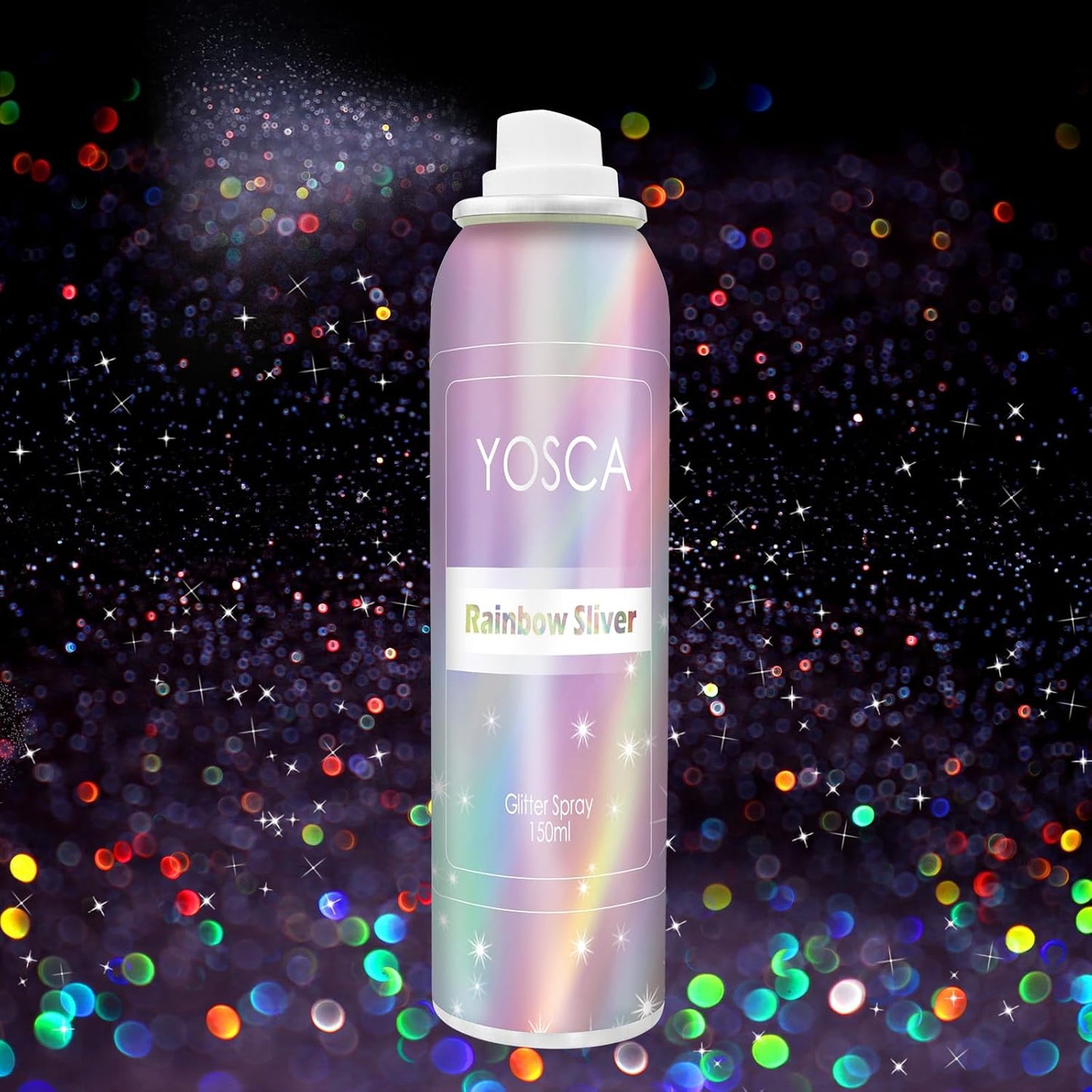 Yosca Body Glitter Spray 150 milliliter front view showcasing the holographic party shimmer bottle layout.