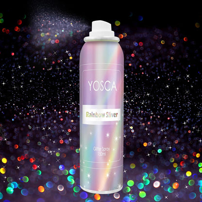 Yosca Body Glitter Spray 150 milliliter front view showcasing the holographic party shimmer bottle layout.