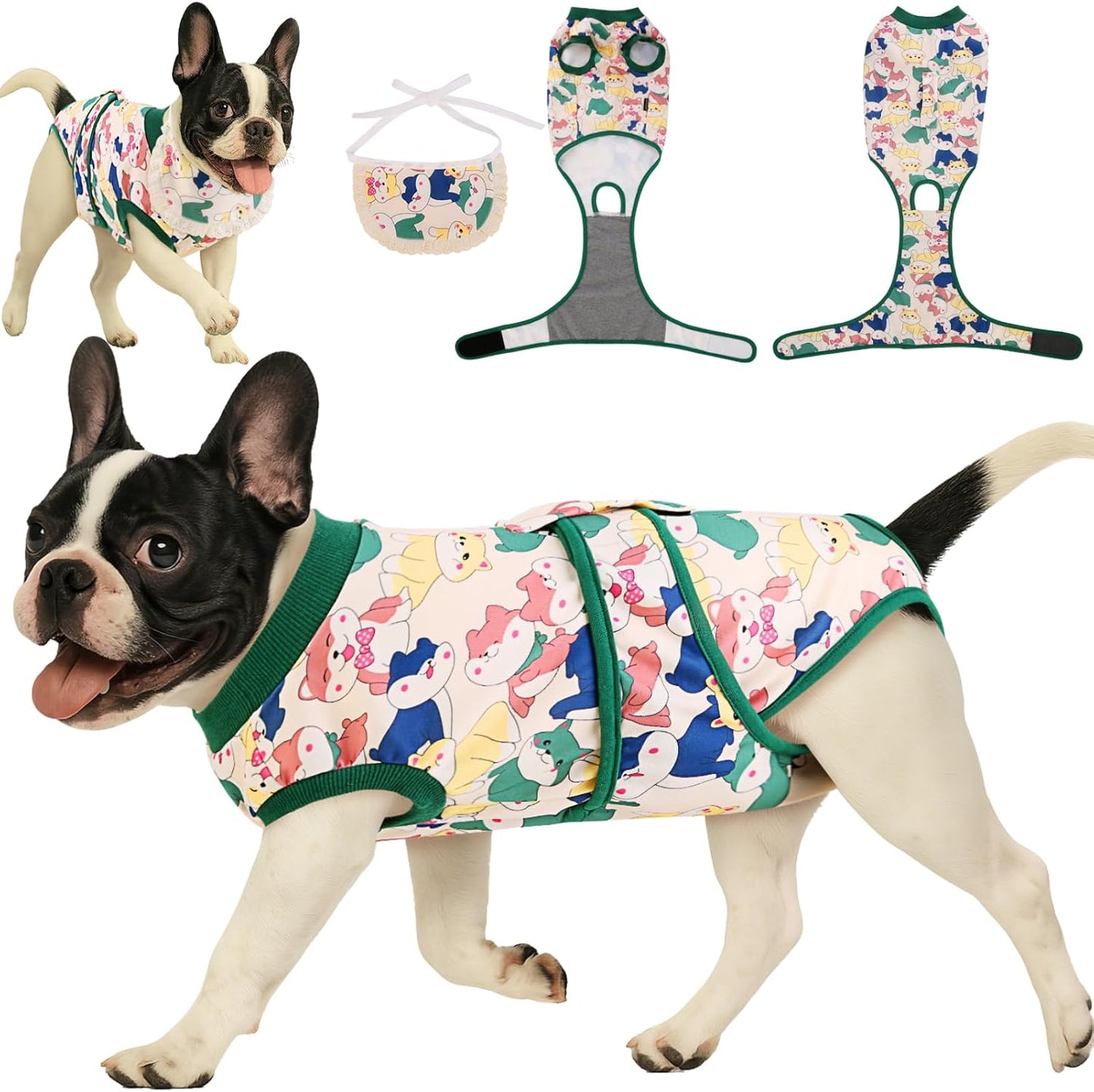 YibooAura Dog Surgery Recovery Suit front view on a small dog