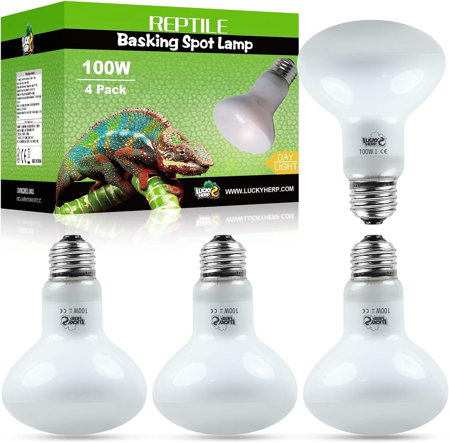 Lucky Herp 100W reptile heat lamp bulb front view of the 4 pack packaging.