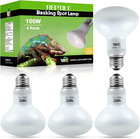 Lucky Herp 100W reptile heat lamp bulb front view of the 4 pack packaging.