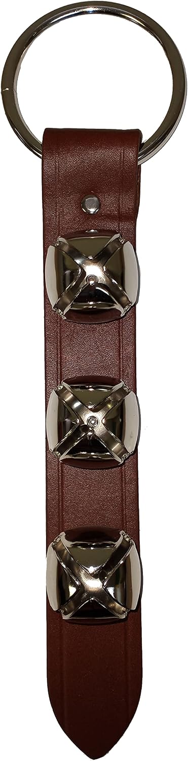 Westmon Works sleigh bells for door dog training in silver and brown leather