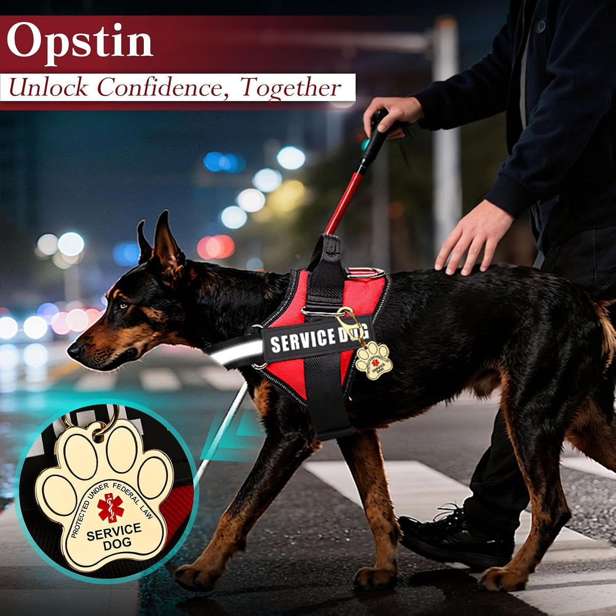 Adjustable chest and neck straps on the red Opstin service dog harness.