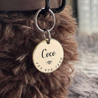 Acatinthetree personalized pet necklace tag complete with split rings and safety bell attachment.
