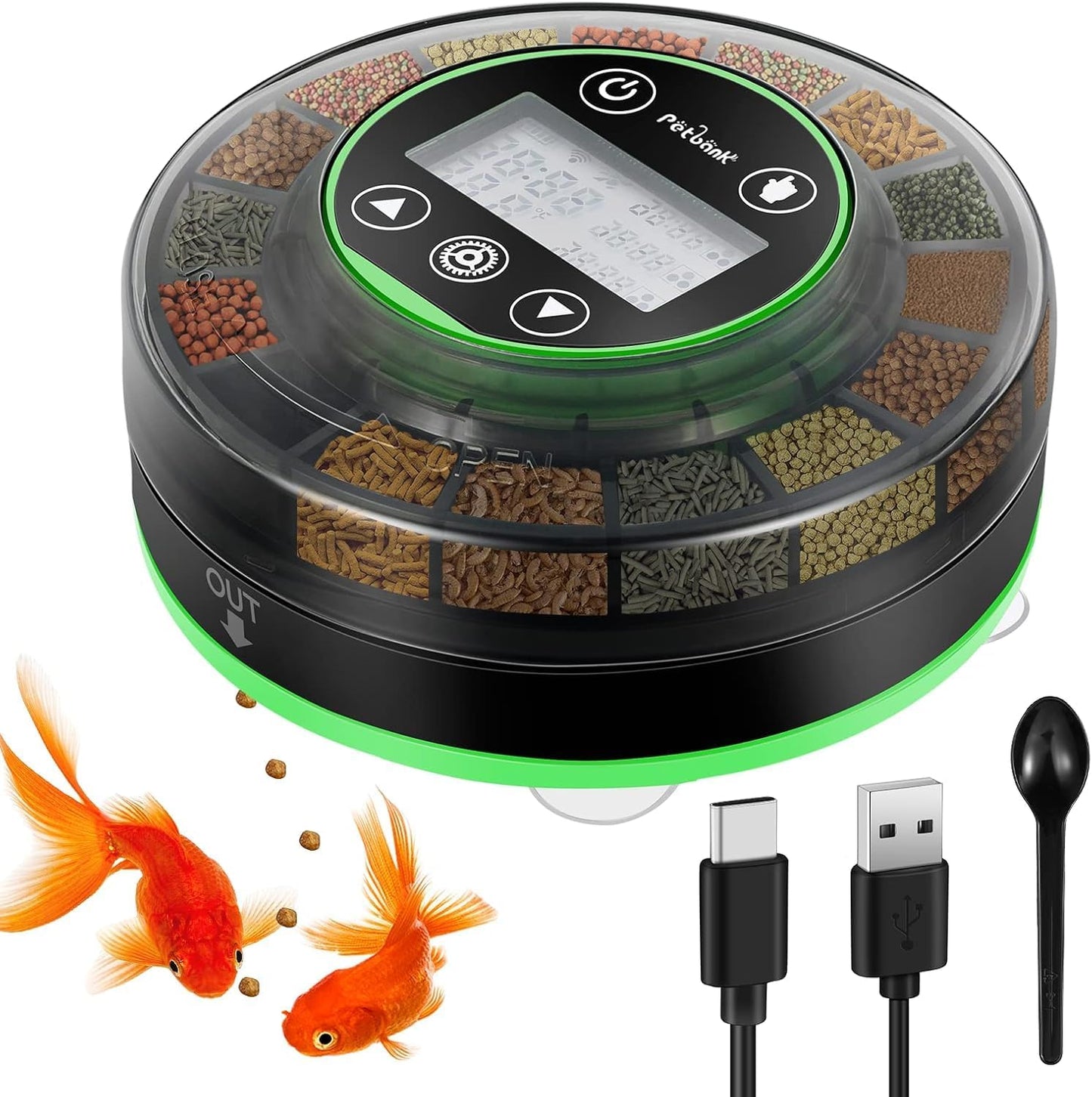 Petbank Automatic Fish Feeder front view showing digital screen display