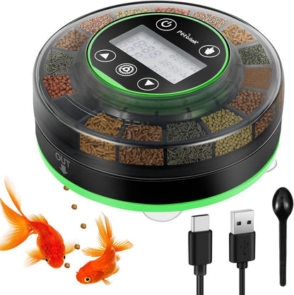Petbank Automatic Fish Feeder front view showing digital screen display