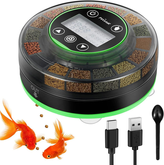 Petbank Automatic Fish Feeder front view showing digital screen display
