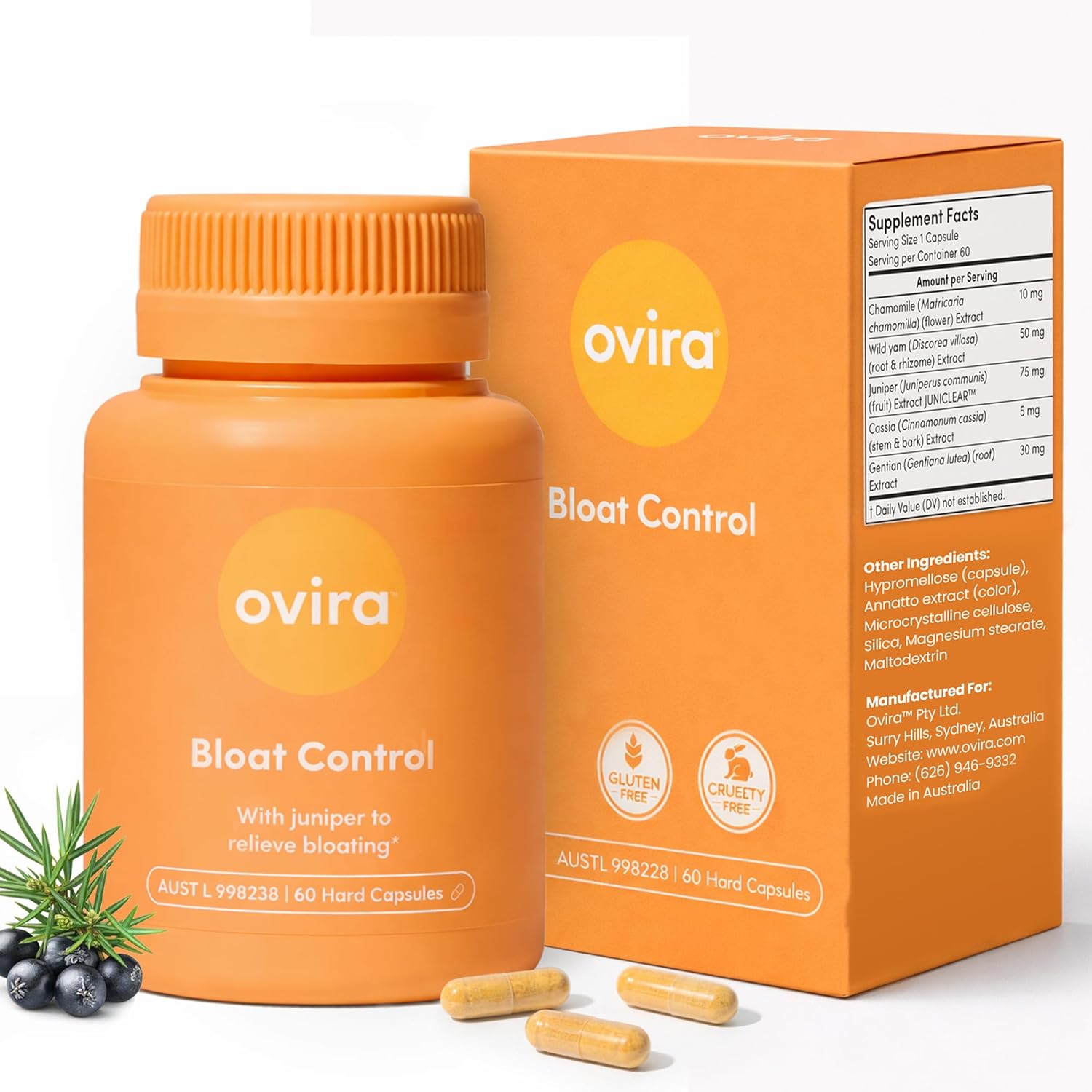 Ovira Bloat Control with JUNICLEAR 60 vegan capsules front packaging for gas relief