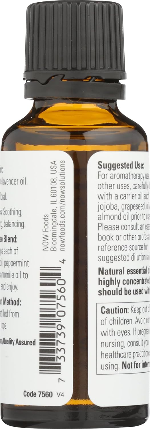 Side perspective of NOW Foods lavender oil highlighting its one fluid ounce volume statement