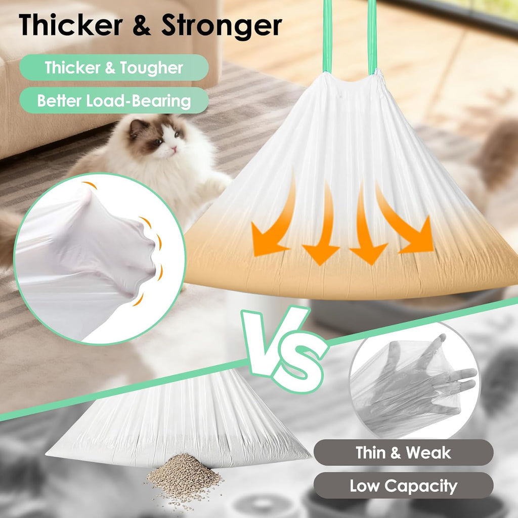 FortiCrest leakproof cat waste bags showing the integrated easy pull drawstring closure