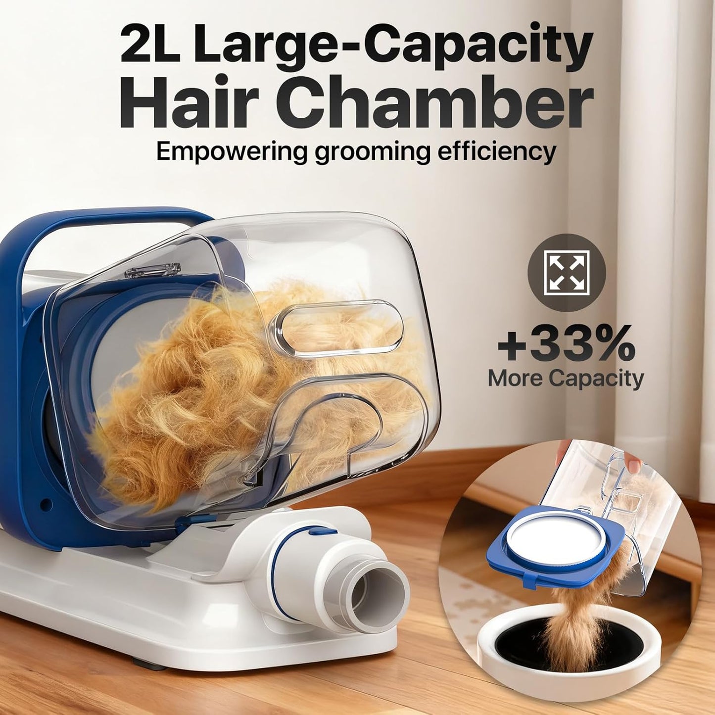 Buenkee dog and cat grooming setup showcasing the three adjustable suction level buttons.