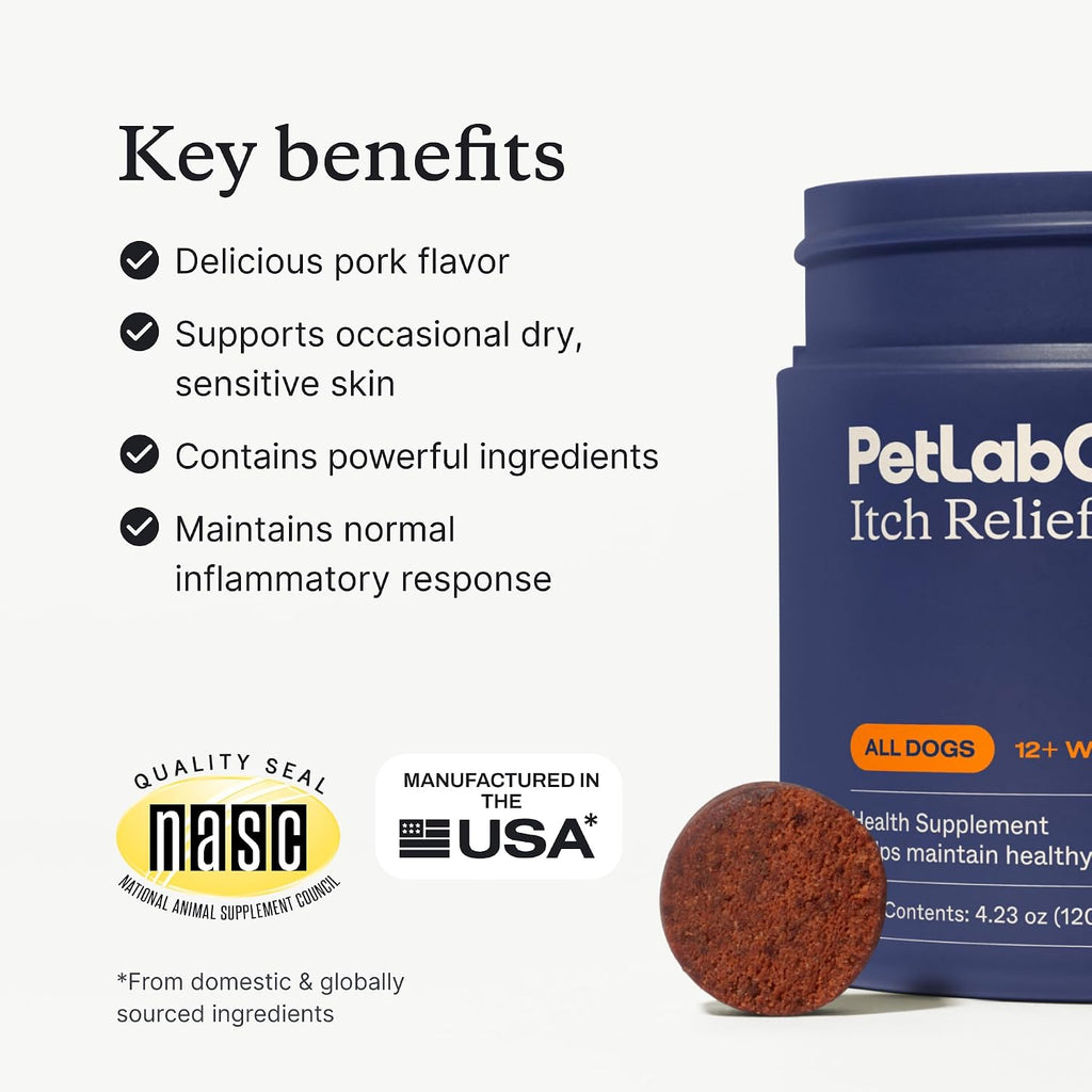 Back label of PetLab Co dog itch supplement with Omega 3 ingredients list and usage directions.