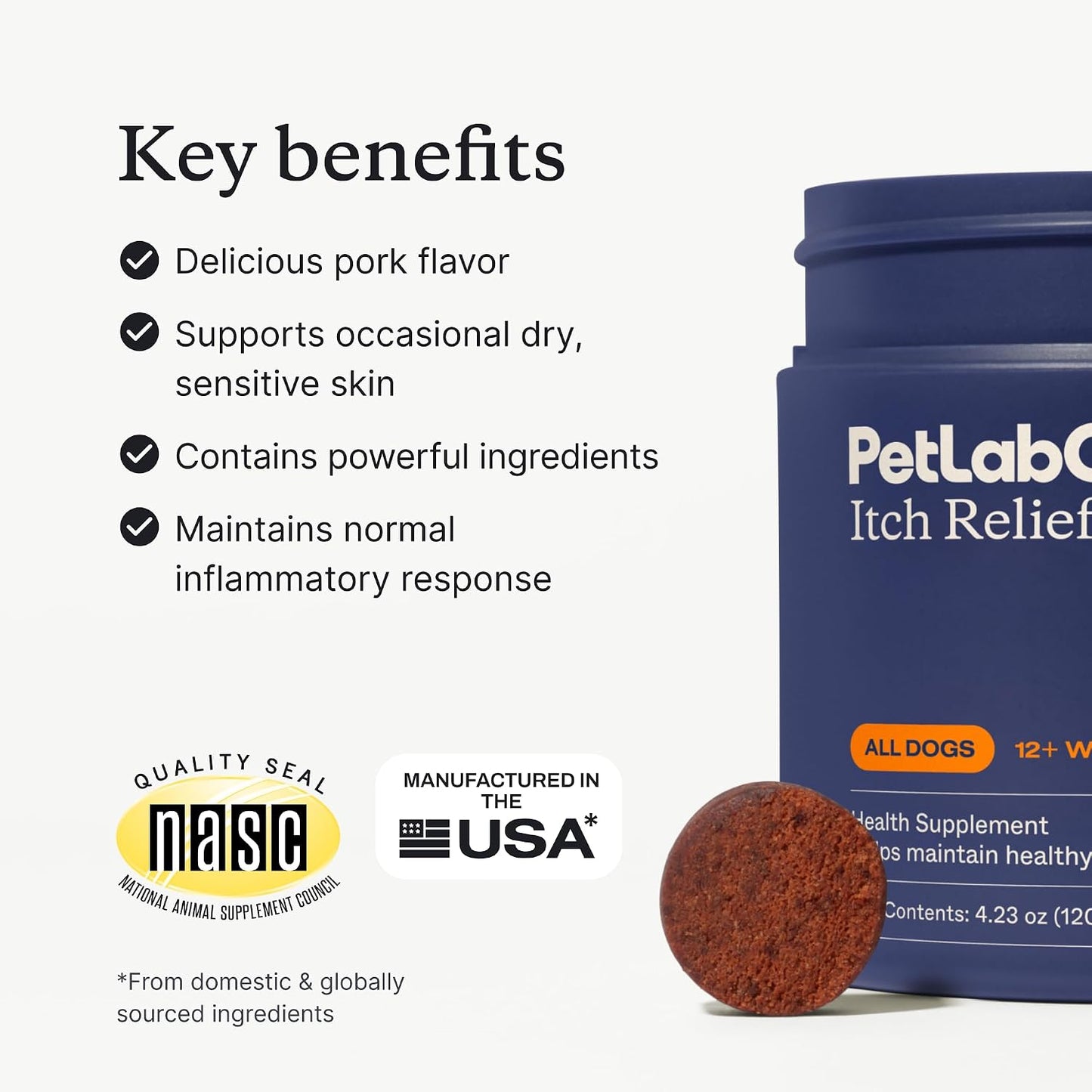 Back label of PetLab Co dog itch supplement with Omega 3 ingredients list and usage directions.