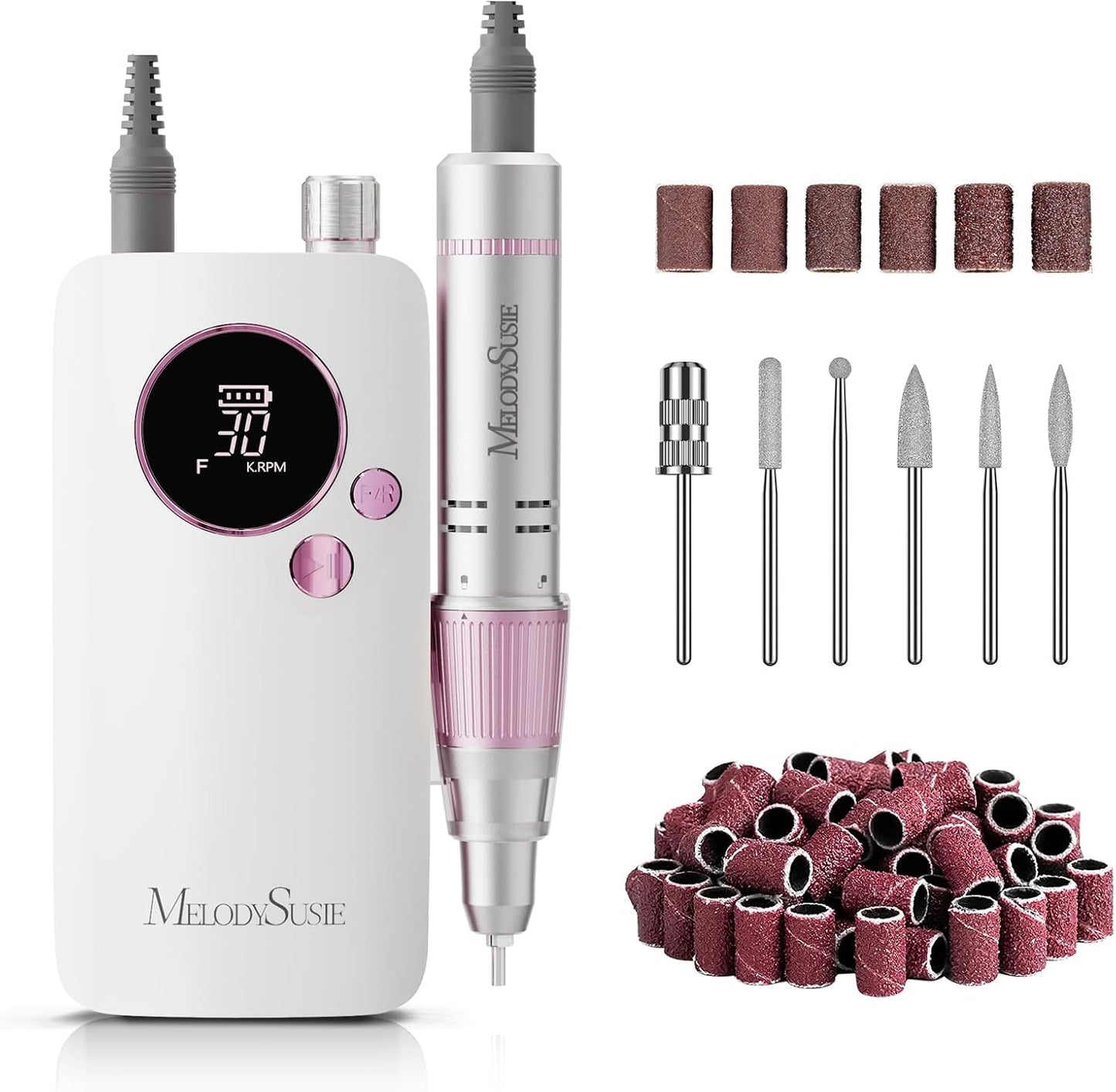 MelodySusie entry-level clip-on rechargeable nail drill sc320f front view showing the portable controller and white handpiece