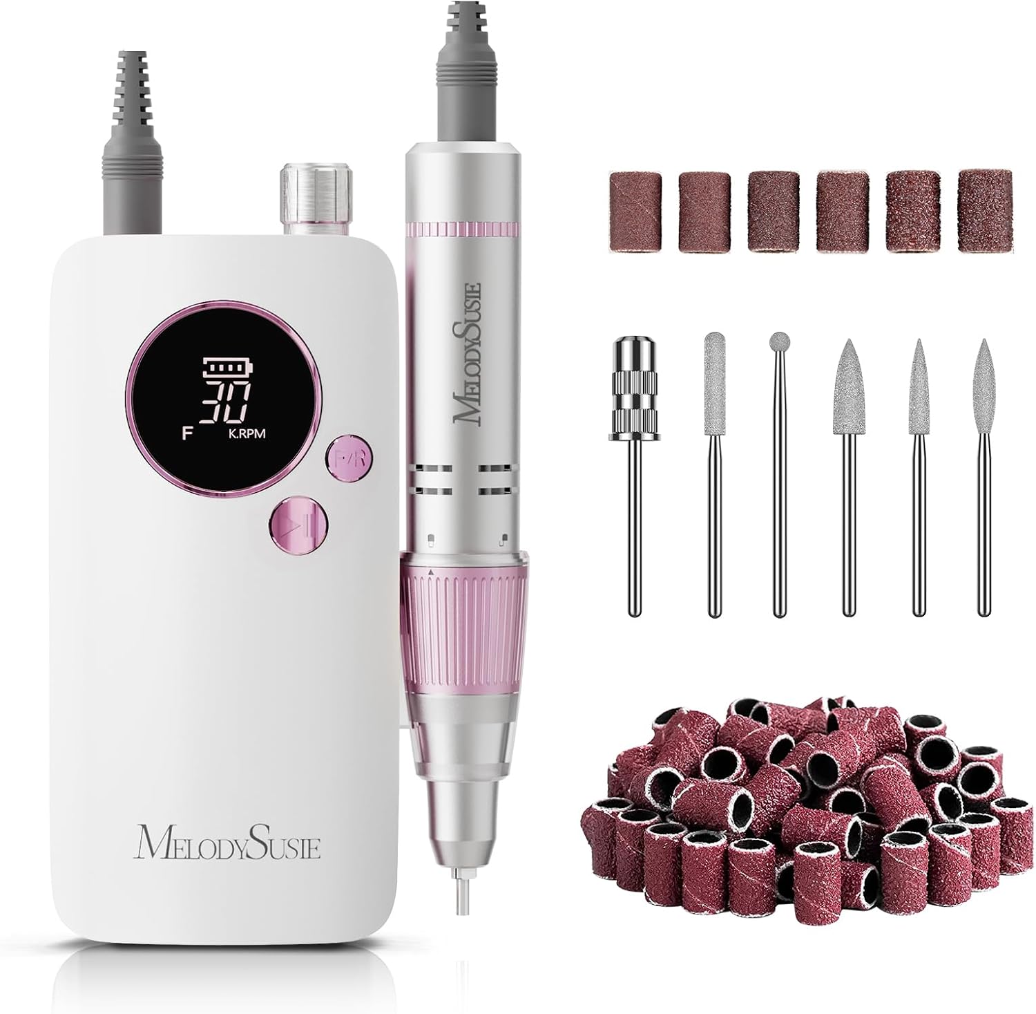 MelodySusie entry-level clip-on rechargeable nail drill sc320f front view showing the portable controller and white handpiece