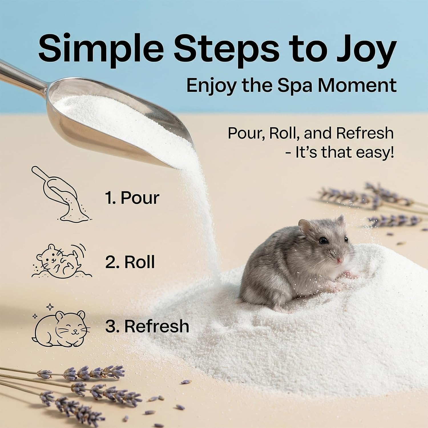Graphic showing benefits of Sukh silica sand for hamster fur