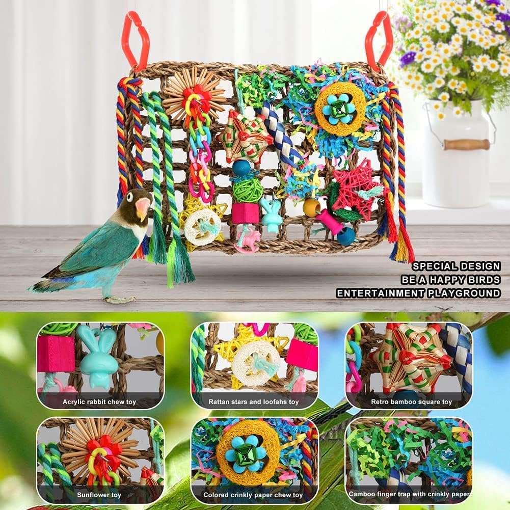 Multi textured YIXUND conure chew toy featuring crinkly paper and wooden blocks