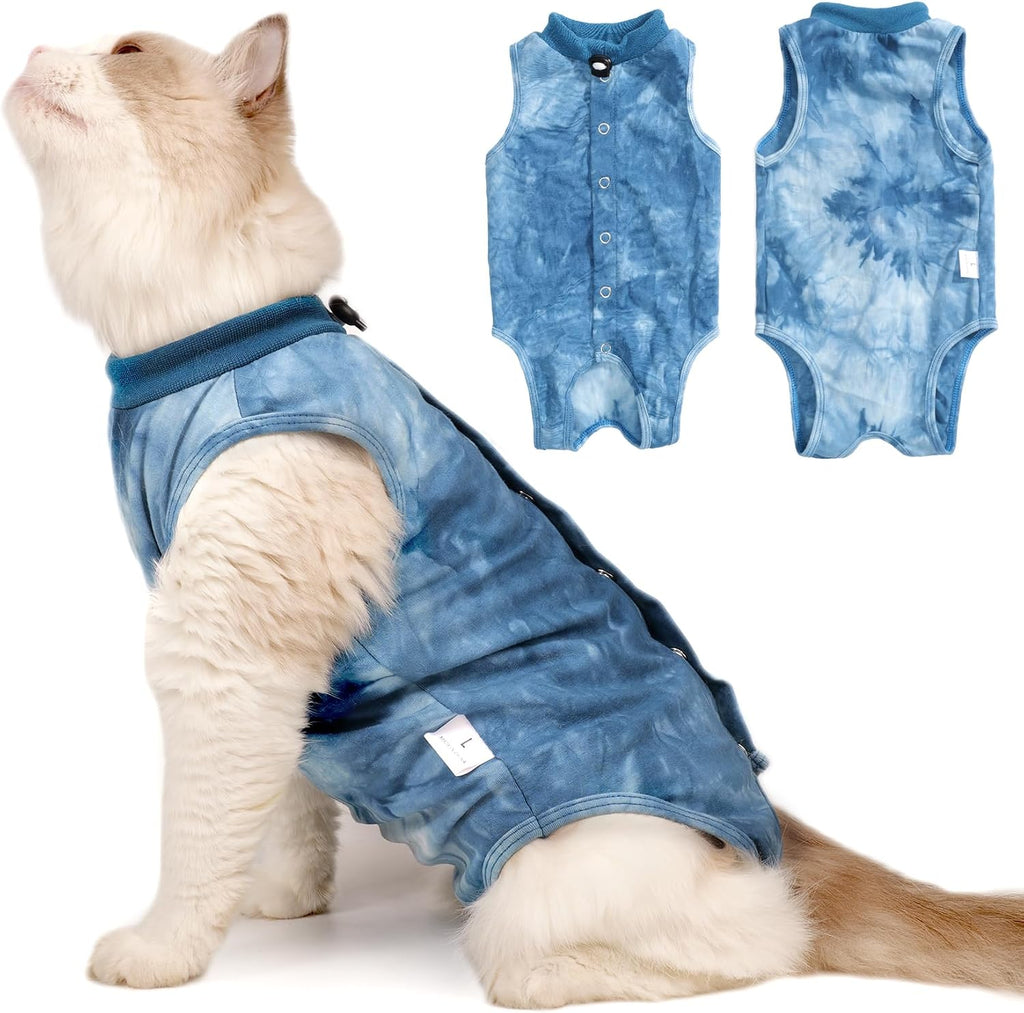 Dotoner tie dye cat recovery suit navy blue front view