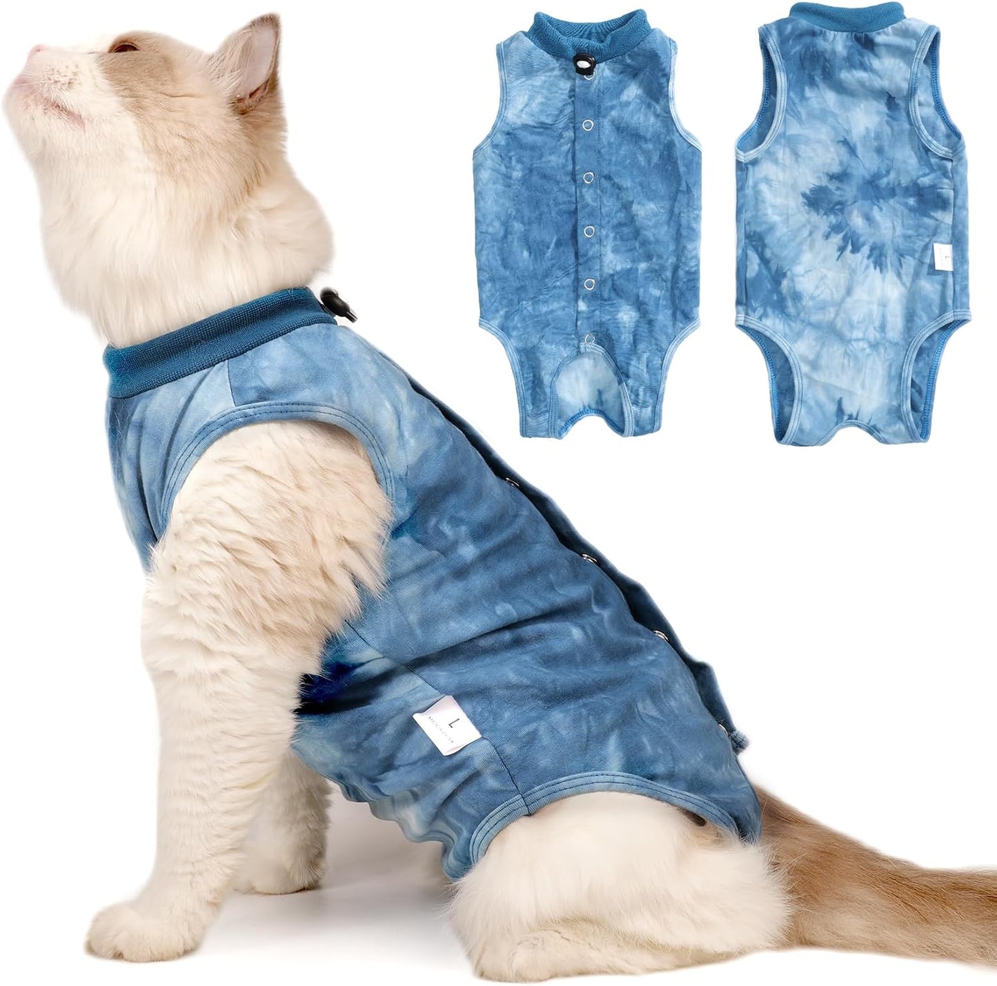 Dotoner tie dye cat recovery suit navy blue front view