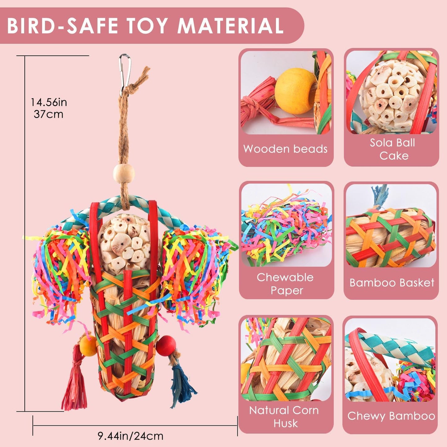 Close up of natural sola balls and colorful crinkle paper on the bird toy