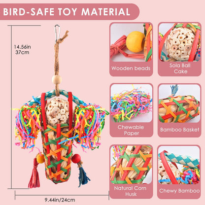 Close up of natural sola balls and colorful crinkle paper on the bird toy