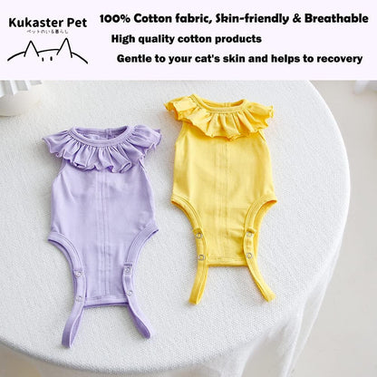 Close up of ruffled lace collar on cat recovery suit