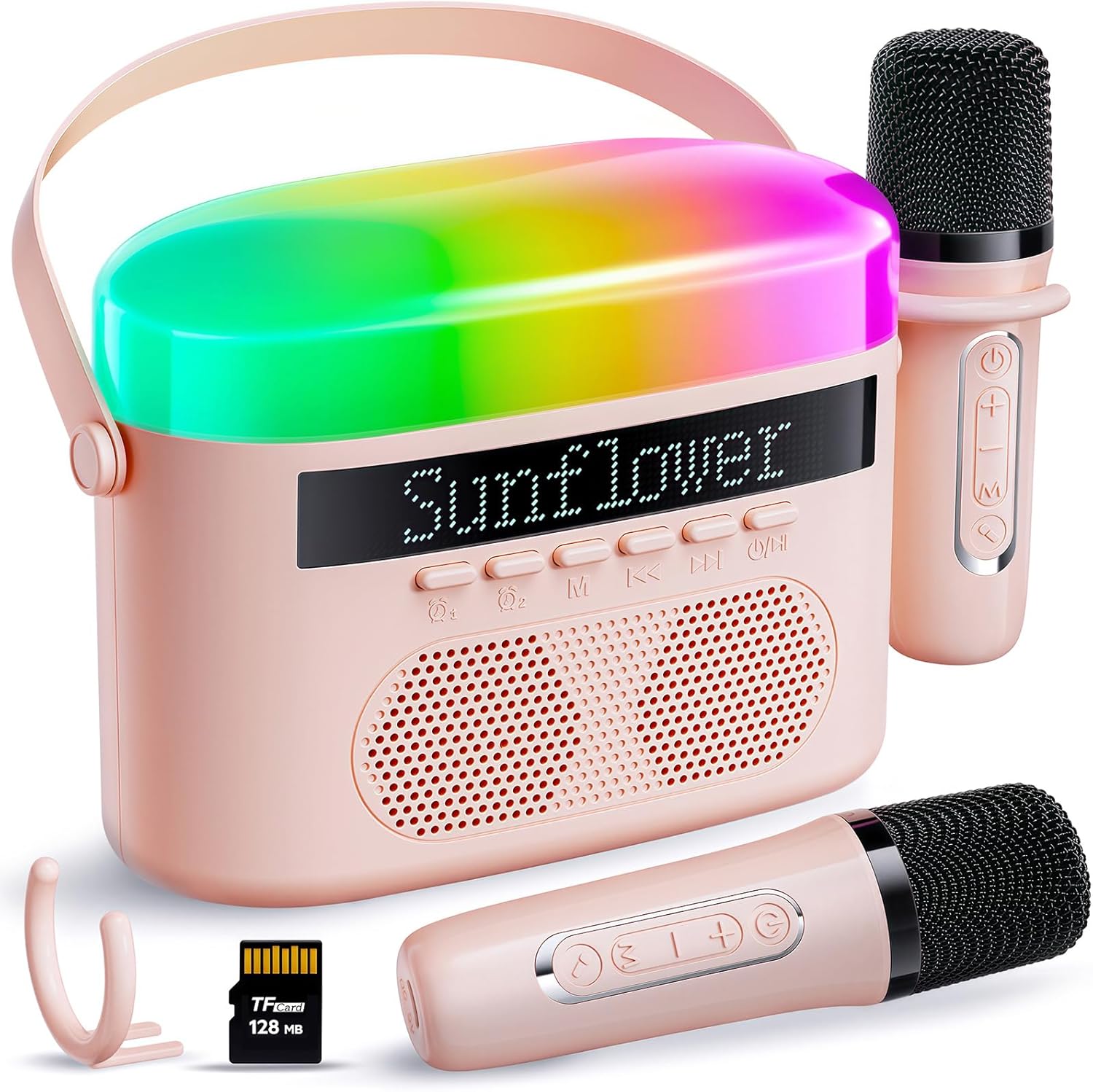 TOPCHASE portable bluetooth karaoke machine front view in pink with two wireless microphones