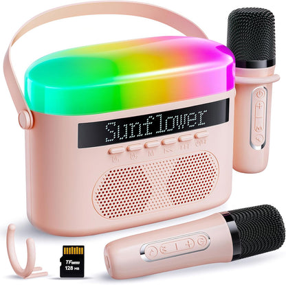 TOPCHASE portable bluetooth karaoke machine front view in pink with two wireless microphones