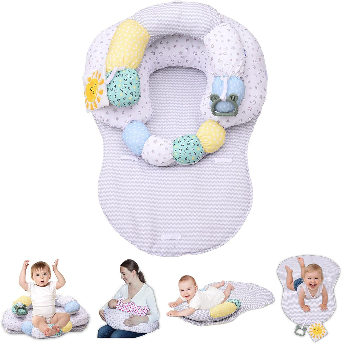 4-in-1 Tummy Time & Nursing Pillow with High, Firm, Large Area, Detachable Seated Support Cushion, Removable and Machine Washable Slipcovers, Baby Play Mat and Toys 0-24 Months - Image 1