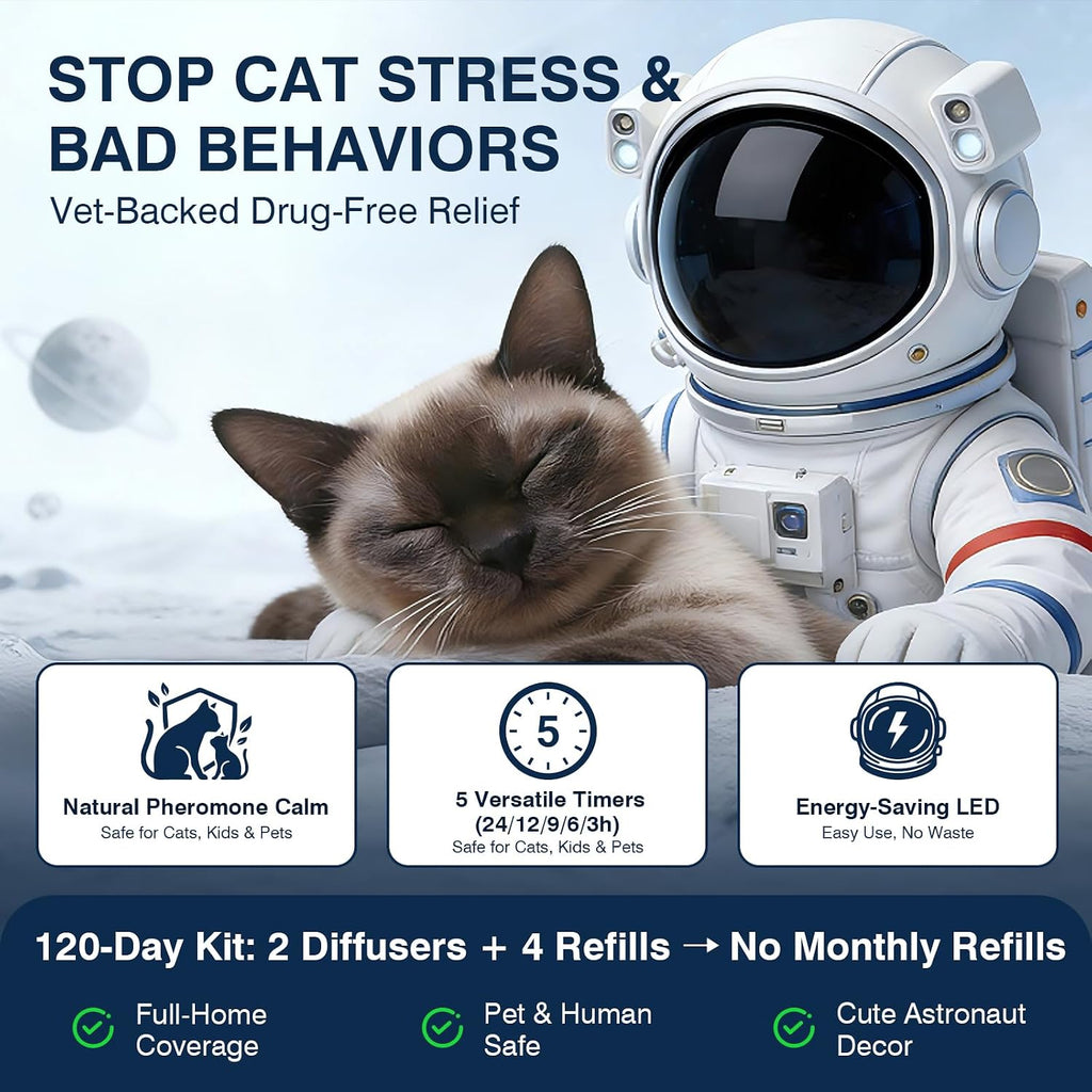 Close-up of the astronaut themed cat pheromone plug-in diffuser head showing the timer buttons