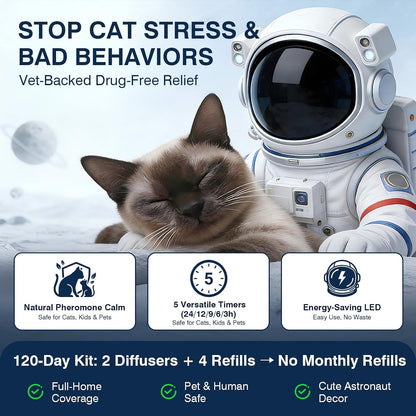 Close-up of the astronaut themed cat pheromone plug-in diffuser head showing the timer buttons