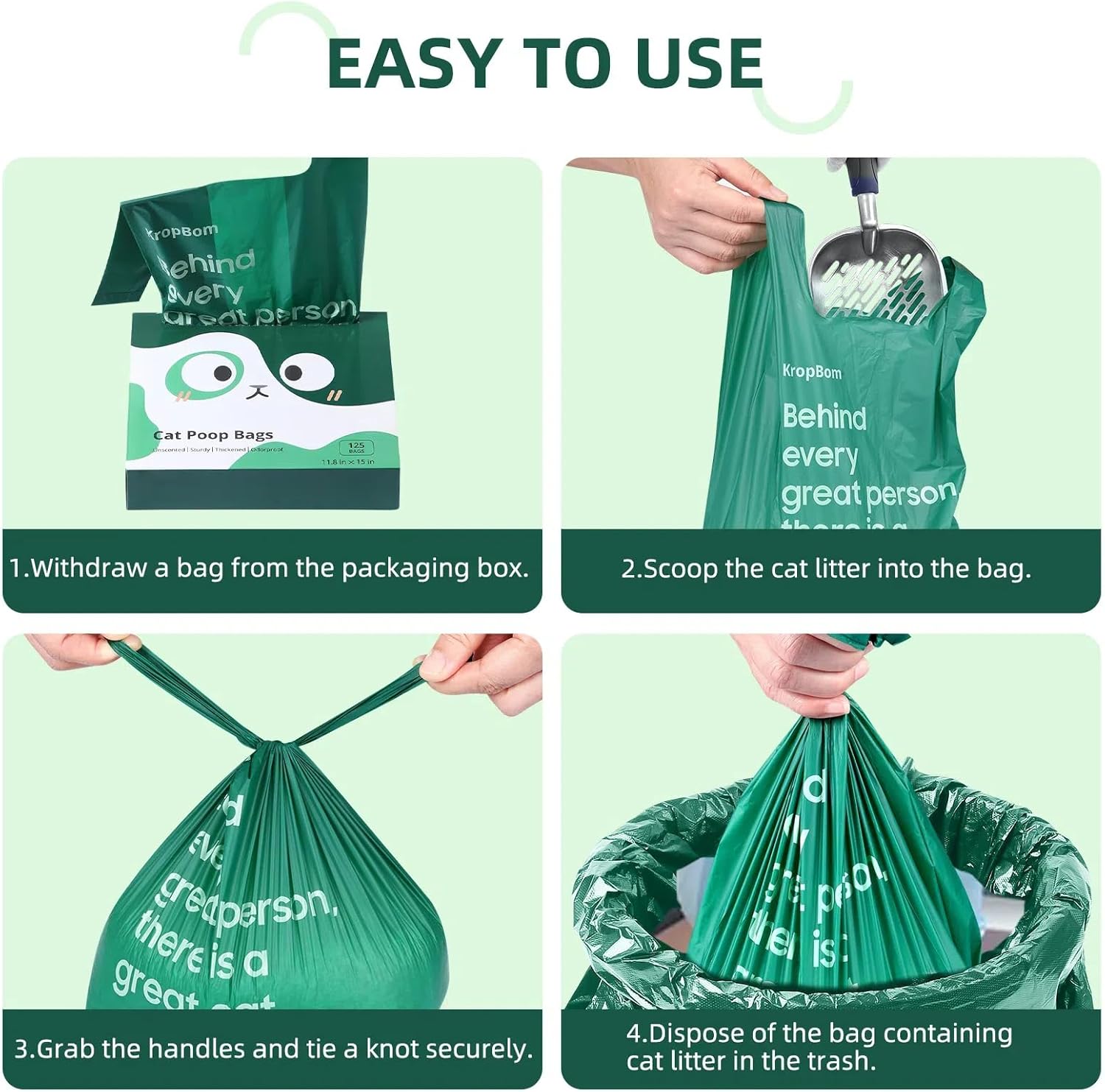 Eco friendly unscented heavy duty kitty poop bags open