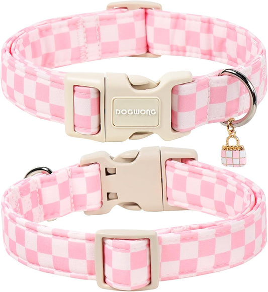 Dogwong pink plaid cotton collar with quick-release buckle