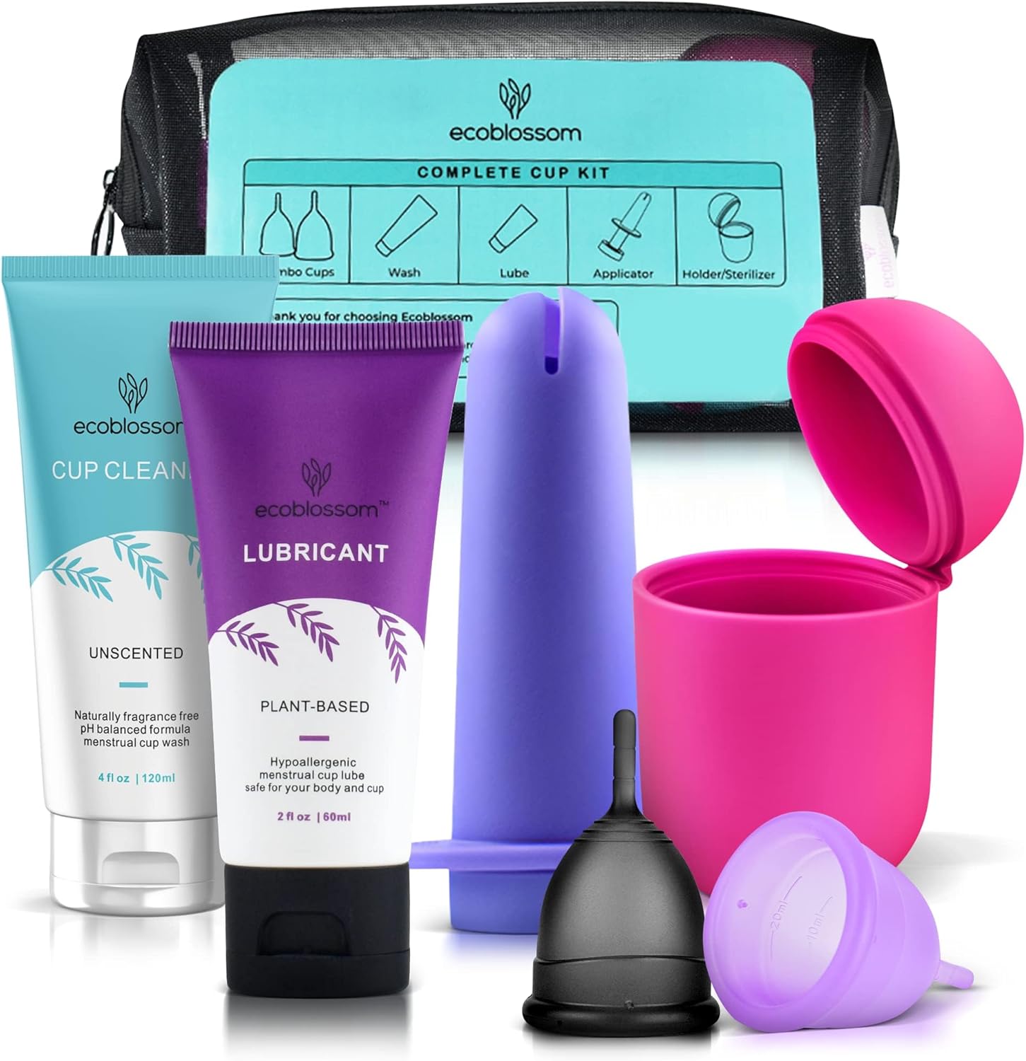 Ecoblossom Complete Menstrual Cup Kit front view of 7 piece period starter set.