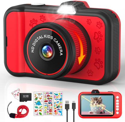 CHAKEYAKE kids camera front view displaying blue chassis with rotating zoom lens and built in flash