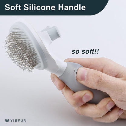 YiEFUR pet brush removing loose fur from a long haired cat